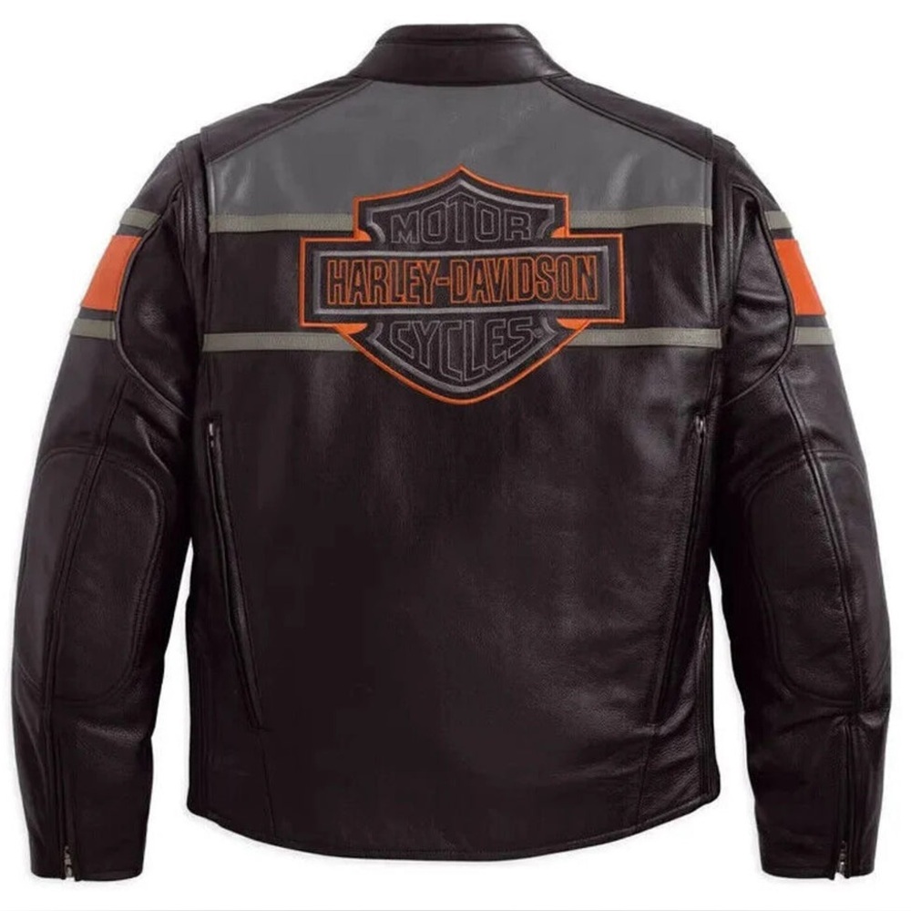 Harley-Davidson Black and Orange Leather Bomber Jacket